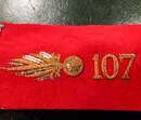 Paire d'insigne de col d'officier du 107e Régiment d'Artillerie lourde en drap écarlate et brodé en fil de cannetille or. Grande Guerre. 