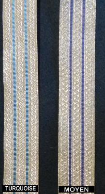 28 mm - Galon zig zag argent, 3 bandes argent et 2 bandes bleues alternées - Le mètre
