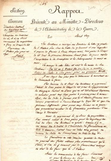 Doc- médecine- Rapport présenté au ministre directeur de l'administration de la guerre, Dejean. Approuvé et signé par lui 28/04/1807