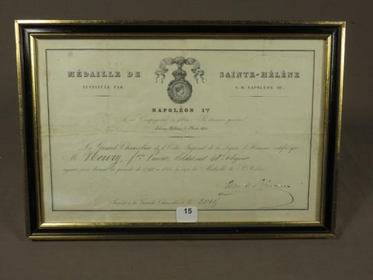 Sainte-Hélène, médaille avec diplôme, encadrés séparément + lettre du titulaire datée fin 1814