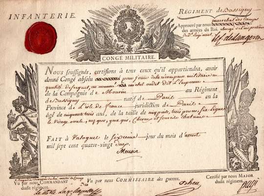 Congé militaire absolu donné en 1782 à Michel Oudet, dit l'Empereur(!), du régiment de Bassigny