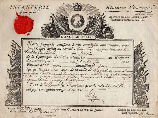 Congé militaire absolu donné en 1782 au nommé Etienne Mures, du régiment d'Auvergne, pour se retirer à l'Hôtel des Invalides.