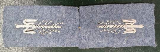 Paire d'insignes de col des secrétaires de l'état major. Neuf de stock. Foudres blancs/bleu horizon. Grande Guerre.
