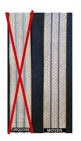 28 mm - Galon zig zag argent, 3 bandes argent et 2 bandes bleues moyen alternées - Le mètre