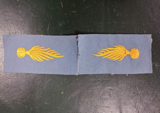 Paire d'insignes de col à la grenade allongée assymétrique. Une seule paire disponible. Jaune/bleu ciel