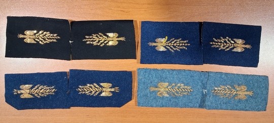 WWI. Paires de foudres d'état major d'officier, brodés or, 70 mm  sur fond de drap de laine