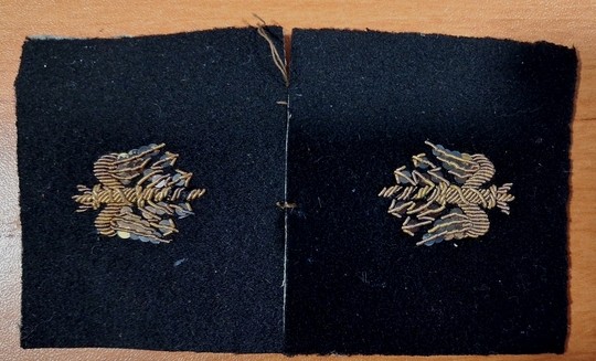 WWI. Paires de foudres d'état major d'officier, brodées or, 40 mm  sur fond de drap de laine noir. Une seule paire en stock